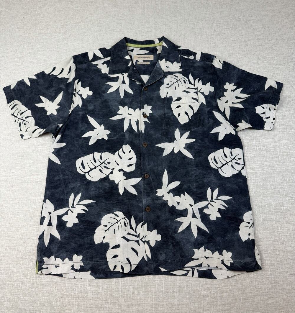 Tommy Bahama Original Fit 100% Silk Hawaiian Camp Shirt Blue Floral Large